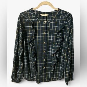 Sonoma Navy and Gold Plaid Button Blouse with Ruffle Detail and Round Hem NWOT